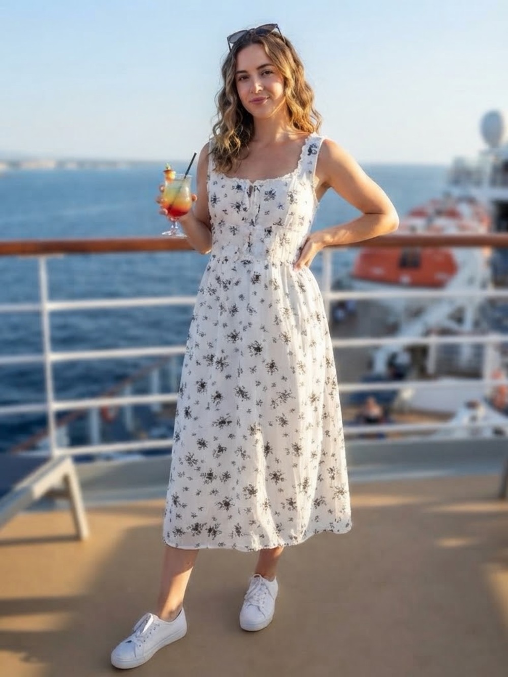 White Floral Midi Sundress with Square Neck